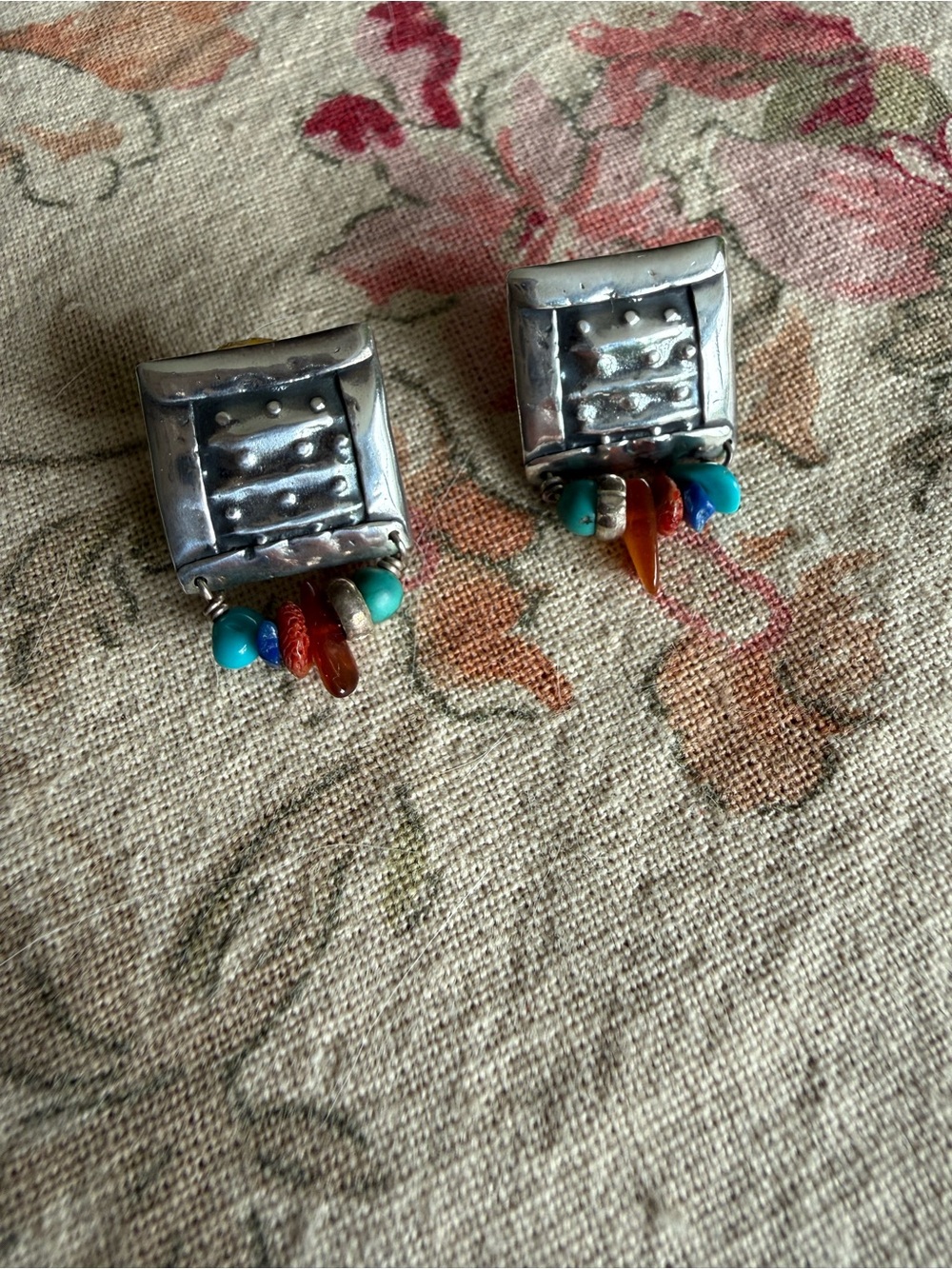 Sterling Silver Square Post Earrings with Turquoise, Amber & Coral